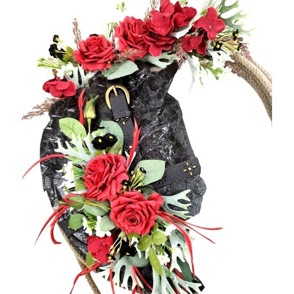 Artificial Floral Wreath With Red Roses & Greenery On Black Textured Base & Rope - Picture 5 of 14